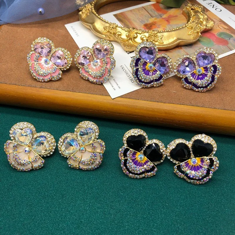 

French Enamel Zircon Stud Earrings Flower Earrings Accessories for Women