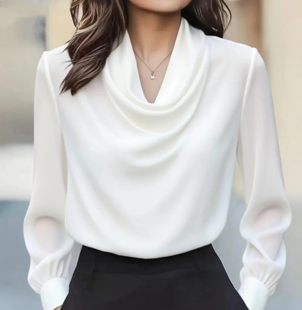 Elegante Satin-Bluse mit Wasserfallausschnitt und Langen Ärmeln für Damen Büro- und Freizeitkleidung Top – Detail 8