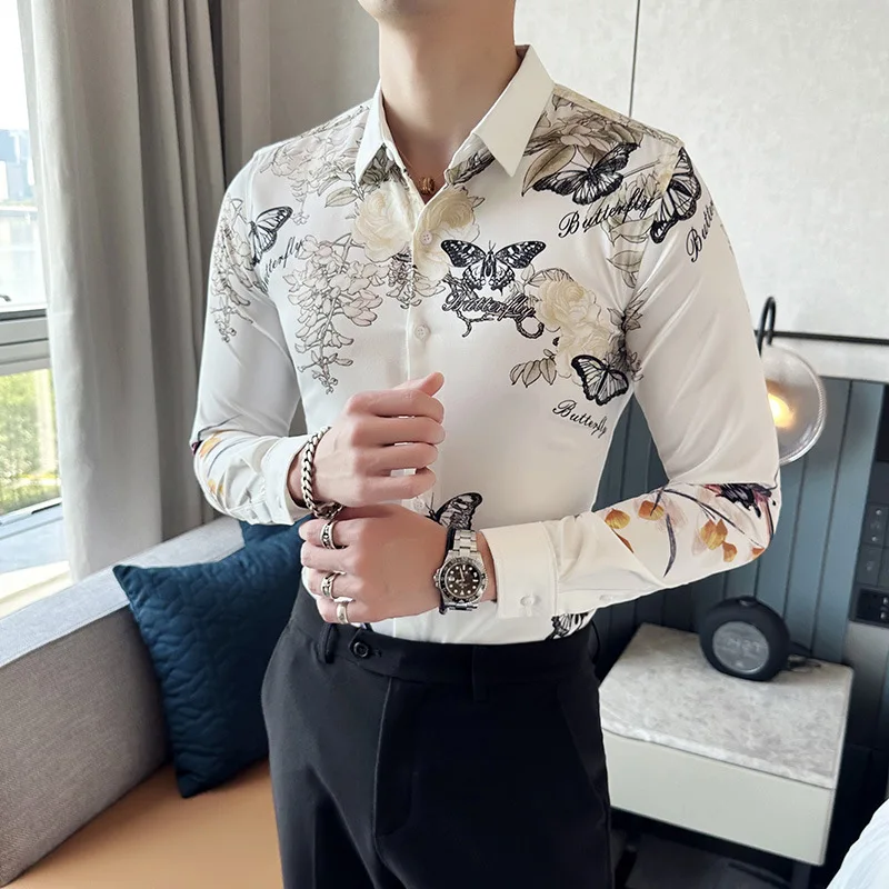 Men's Luxury Design Dress Shirt Long Sleeve Button Down Printed Shirt for Party Prom Wedding Shirt