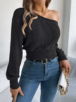 Autumn and Winter Casual Elegant Slash Neck Off shoulder Long Sleeved Knitted Pullover Sweater for Women - Image 3