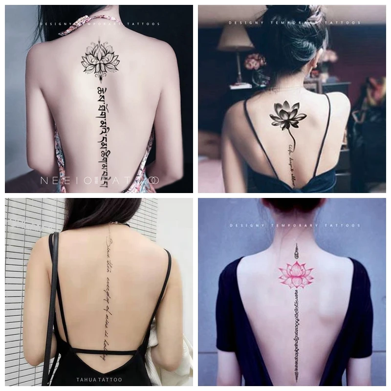 Back Flower Letters Tattoo Temporaneo Waterproof Femme Lotus Black Totem Sexy Fake Tattoo Stickers Body Art Tatouage Tatuaze Set