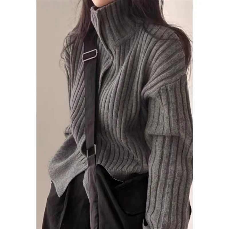 Autumn and winter turtleneck pit strip cashmere knit cardigan women thickened small pure wool sweater loose short coat tide