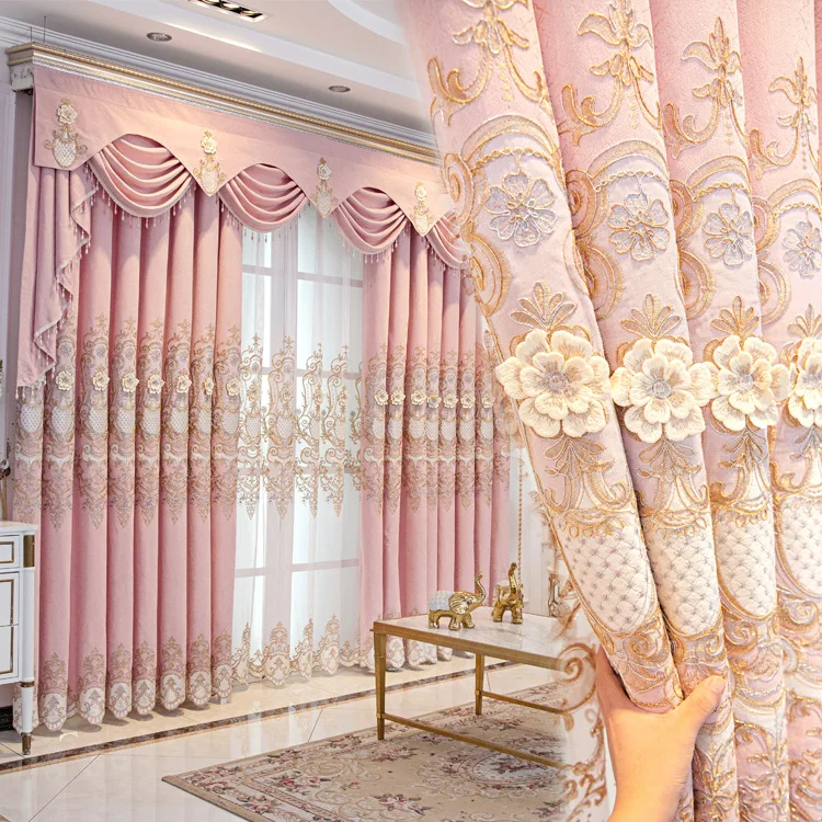 

Custom curtain wedding house luxury pink high-grade bedroom embroidered cloth blackout curtain tulle valance drape C1475