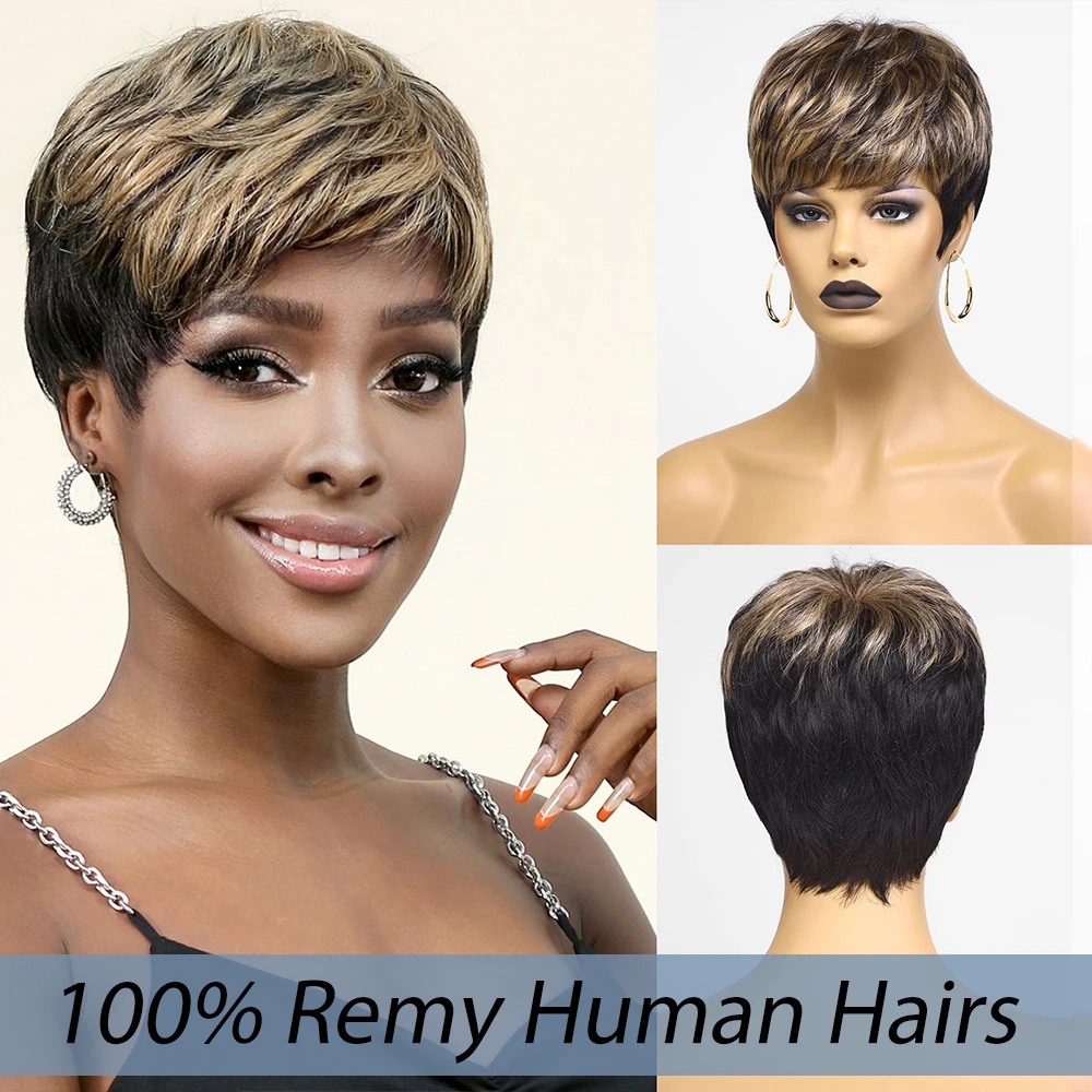 

Black Mix Blonde Remy Human Hair Wigs Pixie Cut Straight Layered Hairs for Women Afro Machine Made Glueless Human Hair Cheap Wig