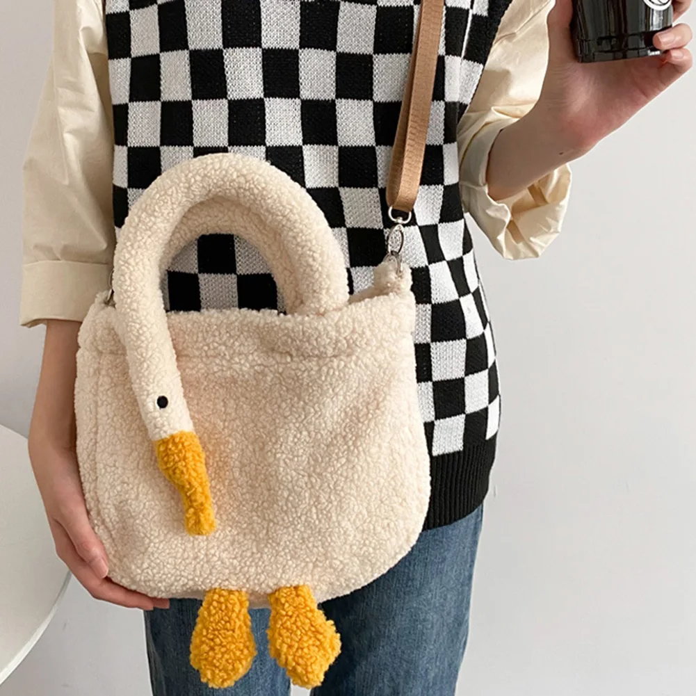 Plush Female Tote Bags Casual Cartoon Goose Top-handle Bag Fashion Cute Portable Adjustable Strap Simple Warm for Shopping Party