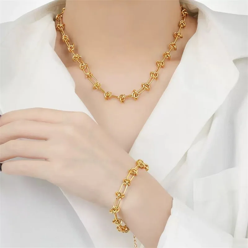 GANPUP 316L Edelstahl Gold Farbe Kette Halskette Armband Set für Frauen Neue Metall Textur Wasserdicht Schmuck Urlaub Geschenk – Detail 7