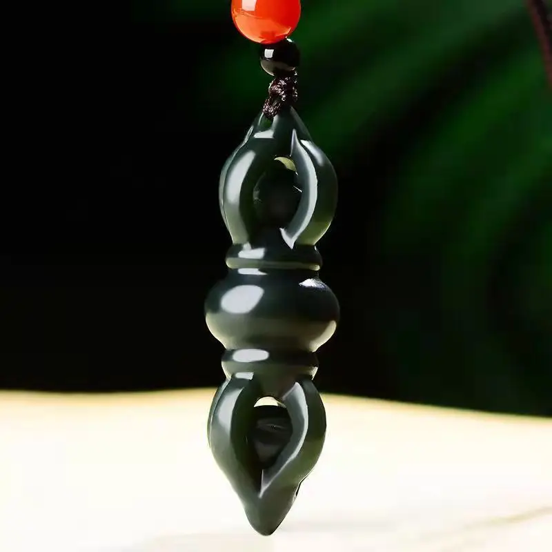 

Natural Hetian Jade Pendant Necklace Carved Buddhism Instrument Vajra Magic Pestle Lucky Amulet Free Beads Chain For Men Women