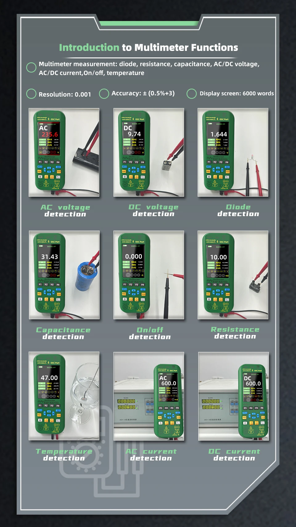BSIDE 50MHz Handoszilloskop Digitalmultimeter+Funktionssignalgenerator Zweikanal O7:25MHz/O9:50MHz Stromprüfer – Detail 8