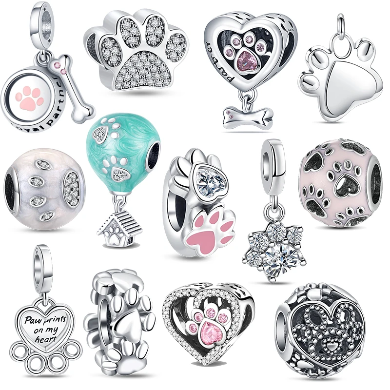 

Authentic 925 Sterling Silver Dog Sparkling Bone Paw Print Fur Baby Hearts Charms Dangle Fit Original Pandora Bracelet Jewelry