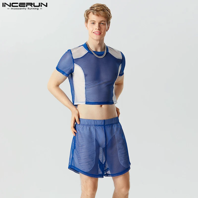 

Casual Party Shows Sets INCERUN New Men See-through Mesh Hollow Patchwork Contrast Short Sleeved Tops Shorts Suit 2 Pieces S-5XL