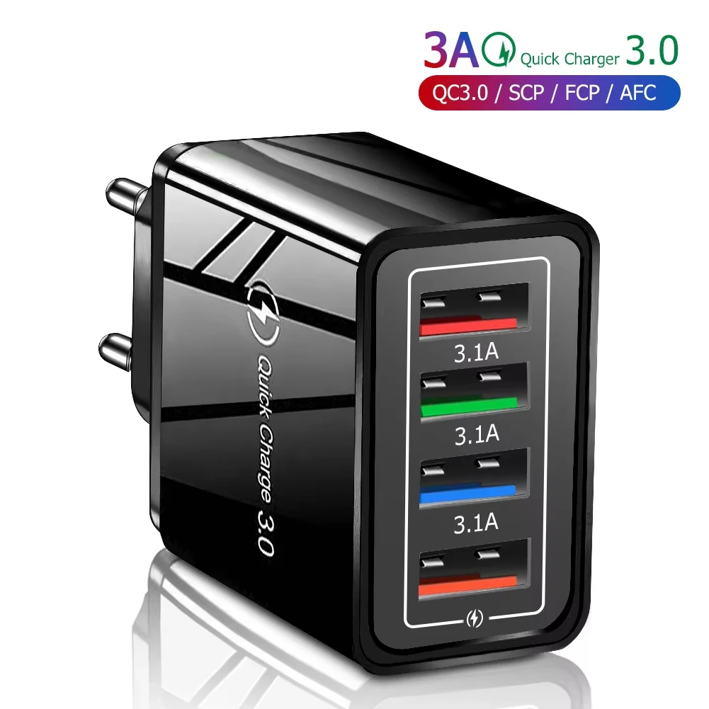 3A USB Charger 4 Port Quick Charge 3.0 EU US Plug Mobile Phone Wall Adapter