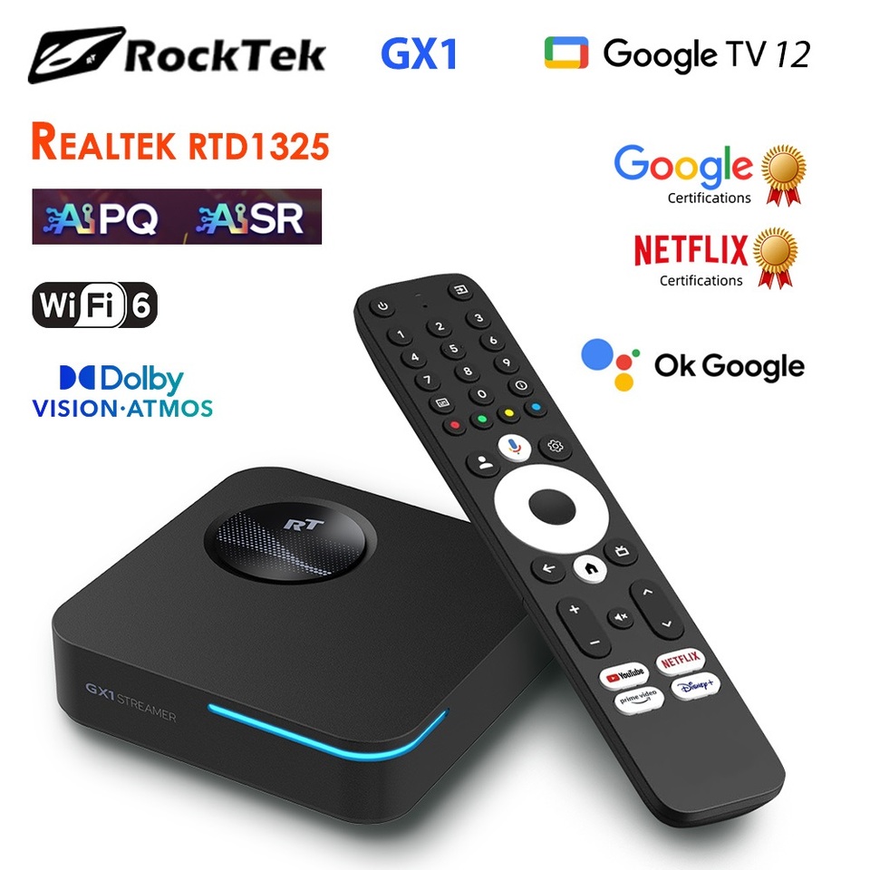 RockTek GX1 UHD Google TV 12 Box Netflix Google Certified 4GB 32G Realtek1325 Support Dolby Atmos 2T2R Wifi6 BT5.2 Android TVBox