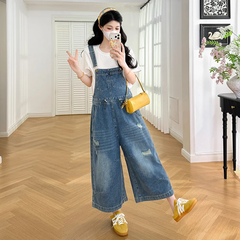 봄 여름 신상 루즈핏 데님 나인 포인트 빕 오버올 화이트 반팔 상의 세트 임산부 한국 스타일 코튼 이너
