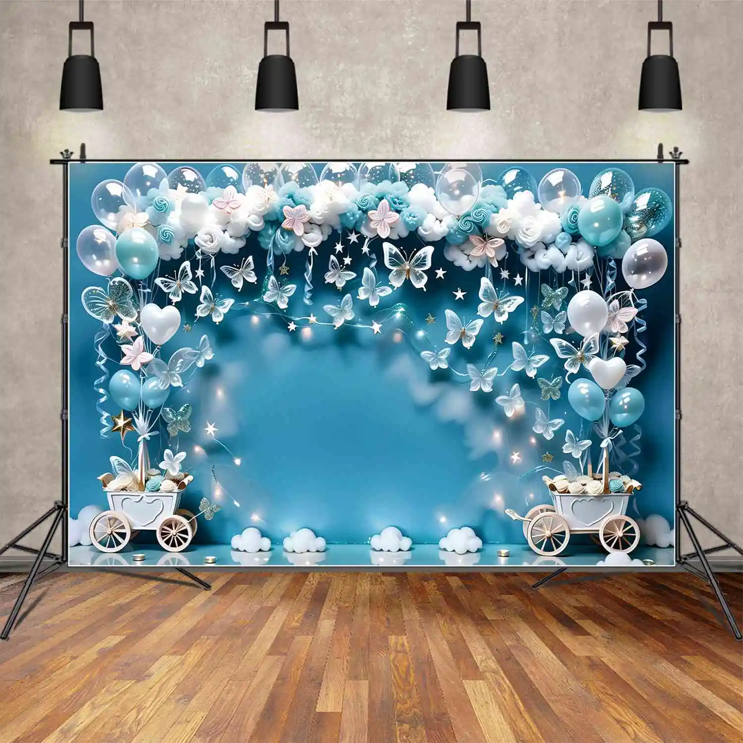 

MOON.QG Backdrop Baby Shower Butterflies Balloon Birthday Background for Boy Candy Cart Star String Lights Blue Photography Prop