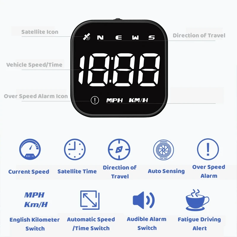 Overspeed Alarm LED HUD Car Head Up Display Speedometer Fatigue Driving Reminder With GPS Compass USB Powered 2.5 Inch