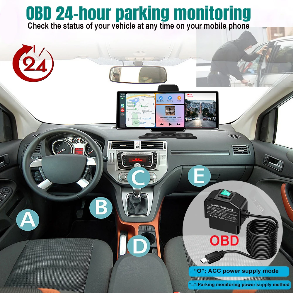 10.26 inch dashcam DVR  Car Carplay android auto wireless driving recorder  dual lens BT FM AUX 64G OBD Parking monitoring