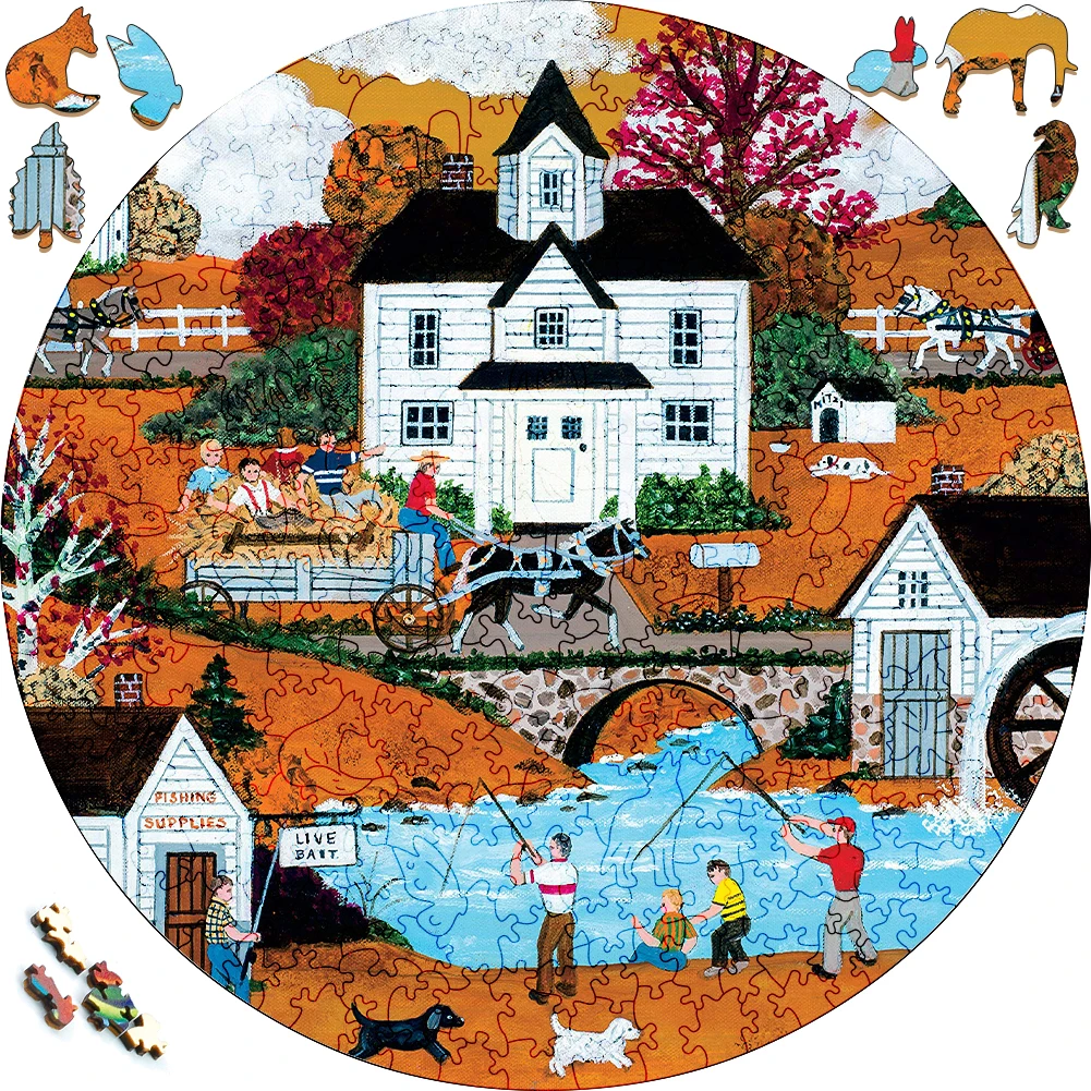 Unique Wooden Puzzles Farm Recreational Fishing Wood Jigsaw Puzzle Craft Irregular Family Interactive Puzzle Gift for Kids Game