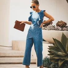 

Wide Leg Pants Denim Jumpsuit Casual Rompers Backless Lace Up Bandage Fashion Ruffle Stitching Trousers Jumpsuits Overalls