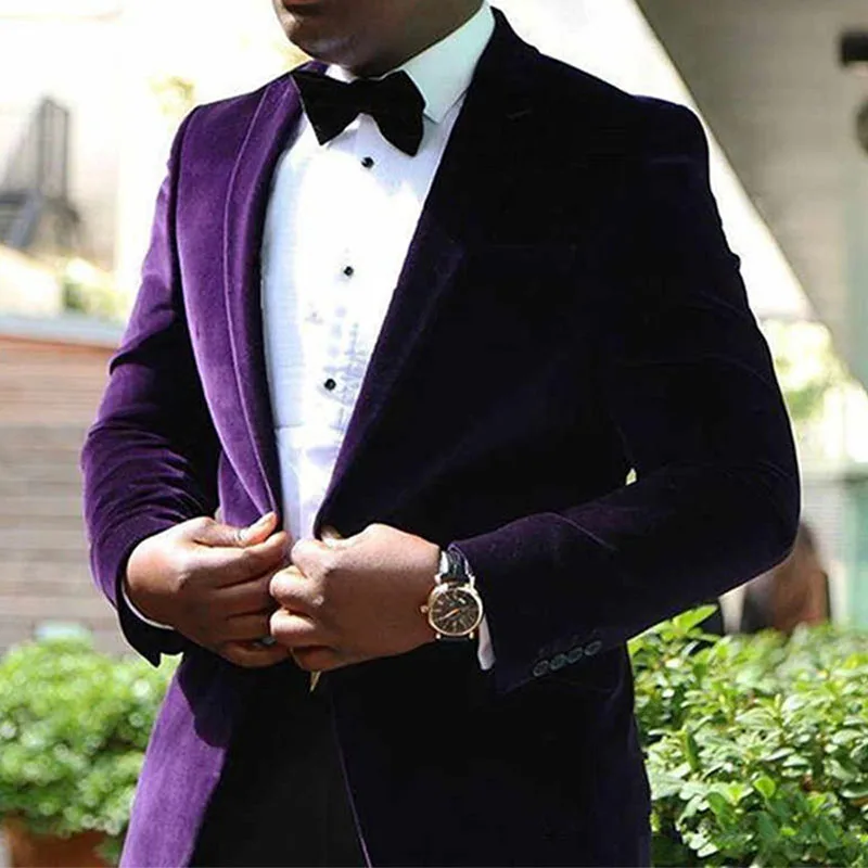 

Costume Homme 2021 Groomsmen Suit Men With Pants Terno Slim Fit Peaked Lapel Blazer Wedding Groom Tuxedo Purple Mens Velvet Suit