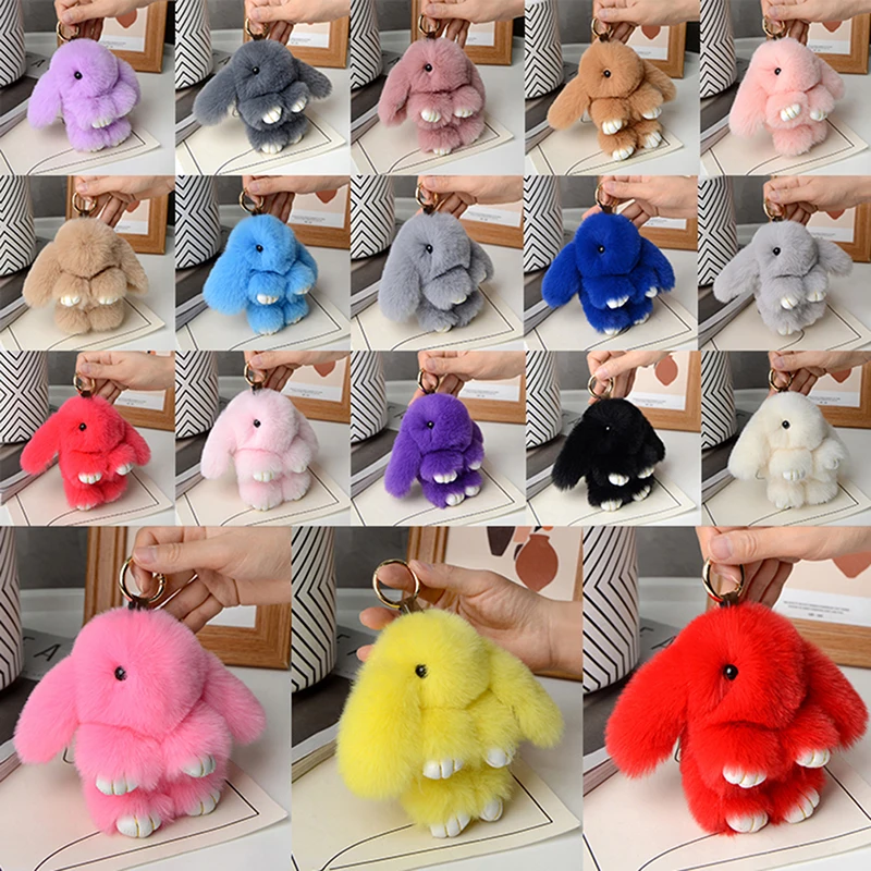 1PC 15cm Rabbit Keychain Ring Fluffy Real Fur Pompon Bunny Trinket Key Chain Charm Cute Key Ring On Bag Car Key Pendant