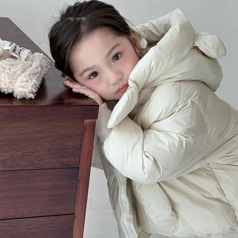 2025 겨울 어린이 두꺼운 따뜻한 재킷 스카프 포함 한국 어린이 긴 루즈핏 따뜻한 코트 남아 여아 면 패딩 후드 의상