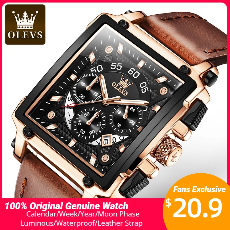Montre Chronographe Homme OLEVS à Mouvement Quartz Japonais - Cadran Carré Classique - Bracelet Cuir Marron - Étanche 3 ATM