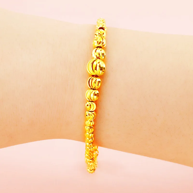 Lucky 24K Gold Plated Charm Big& Small Beads Bracelet For Women Girls Fashion Pure Gold Color Ball Link Chain Bracelet Jewelry 3