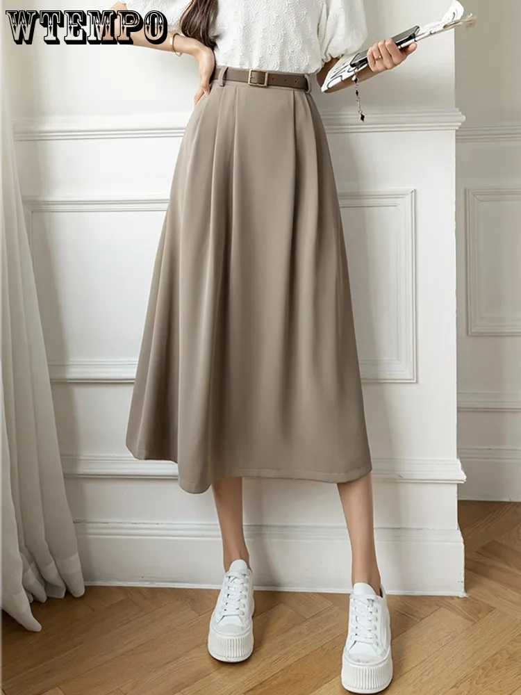 

High Waist Casual Women New Arrival Fashion Korean Style Skirts Solid Color All-match Ladies Elegant A-line Belt Big Swing Skirt