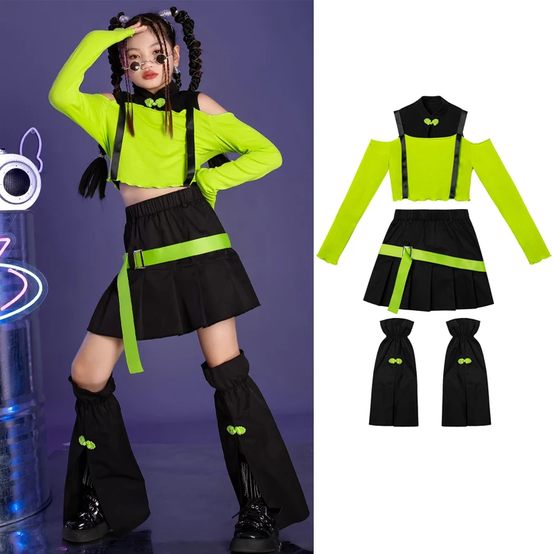 

2024 Green Hiphop Top Black Skirts Group Kpop Stage Outfits Girls Jazz Dance Performance Costumes Kids Catwalk Clothing XS7711