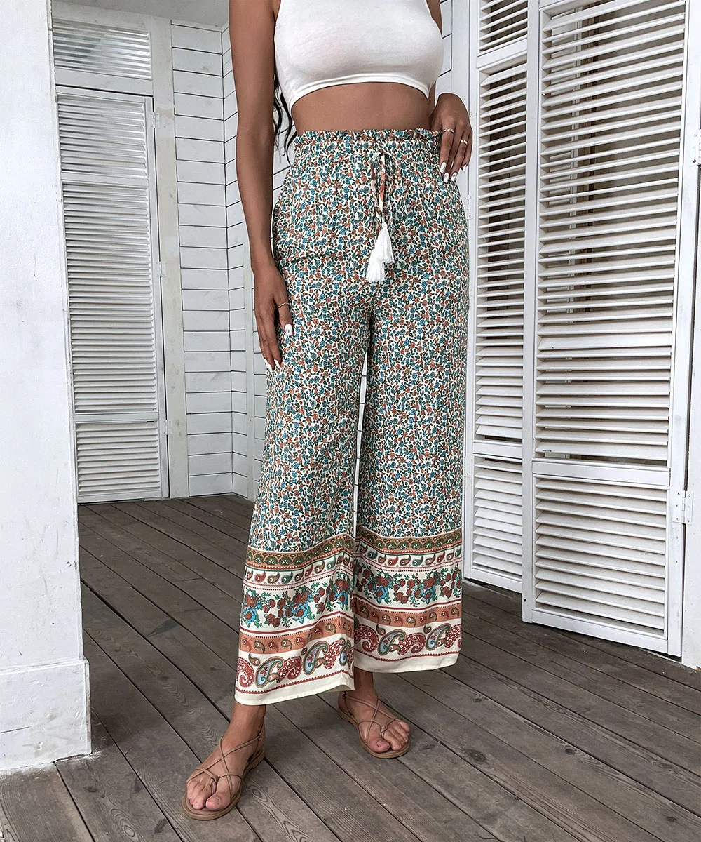 Benuynffy Paisley And Floral Print Tassel Tie Wide Leg Pants Holiday Bohemian Pockets Women Summer Elastic Waist Bottoms jeans pant