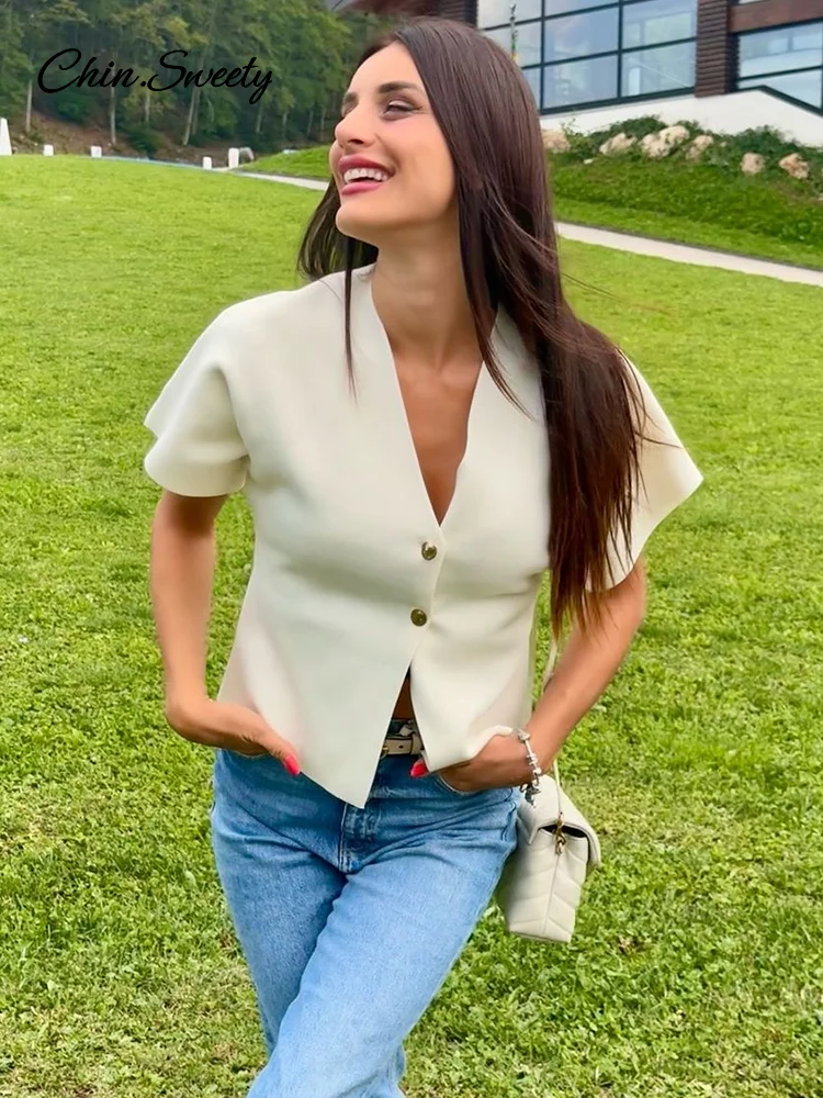 Fashion Knitted Vest Top for Women Short Sleeve V-neck Buttons Loose White Waistcoat Cardigan Female 2024 Autumn New in Outwears 2