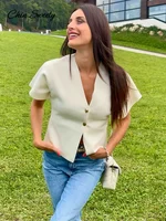 Fashion Knitted Vest Top for Women Short Sleeve V-neck Buttons Loose White Waistcoat Cardigan Female 2024 Autumn New in Outwears 2