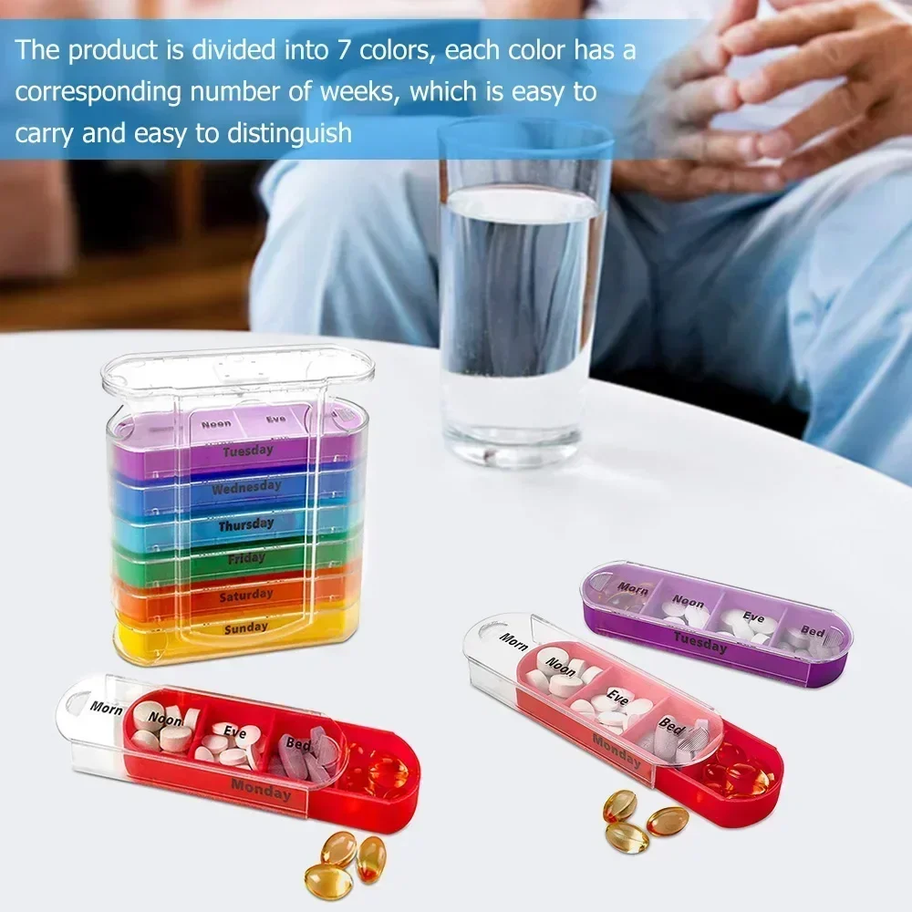 Portable Colorful Transparent Moisture Proof Medicine Box 7 Day One Week 28 Grids Plastic Storage Box for Tablets