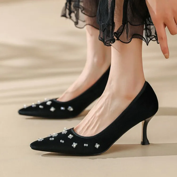 

Женские туфли-лодочки с острым носком, черные бархатные туфли с острым носком, украшенные стразами, на тонком высоком каблуке, вечерние туфли на шпильках, бежевые свадебные туфли для выпускного вечера