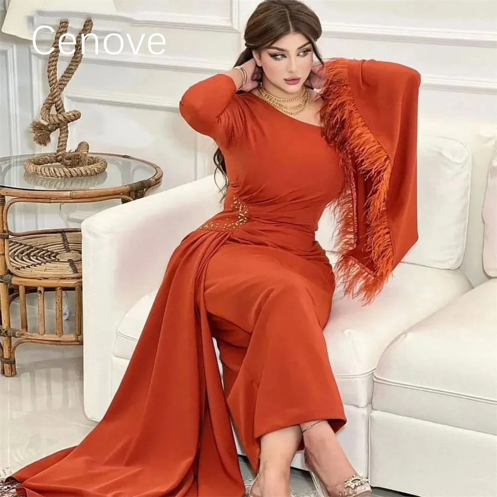 

Cenove V Neckline Prom Dress Long SLeeves With Feathers Ankle Length Evening Elegant Party Dress For Women2023
