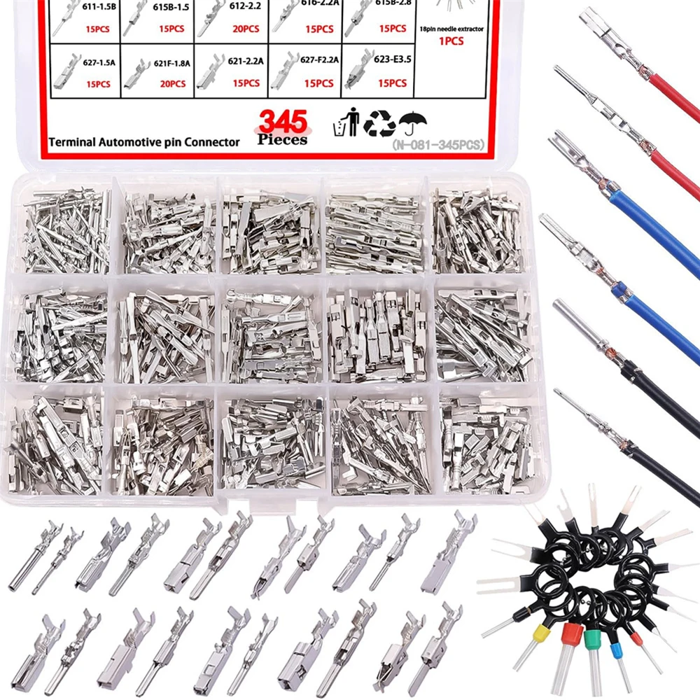 345Pcs Auto Elektrische Draht Terminal Pins Stecker Kit 1/1,5/1,8/2,2/2,8/3,5mm Stecker Pins Terminal Automotive Crimp Pins
