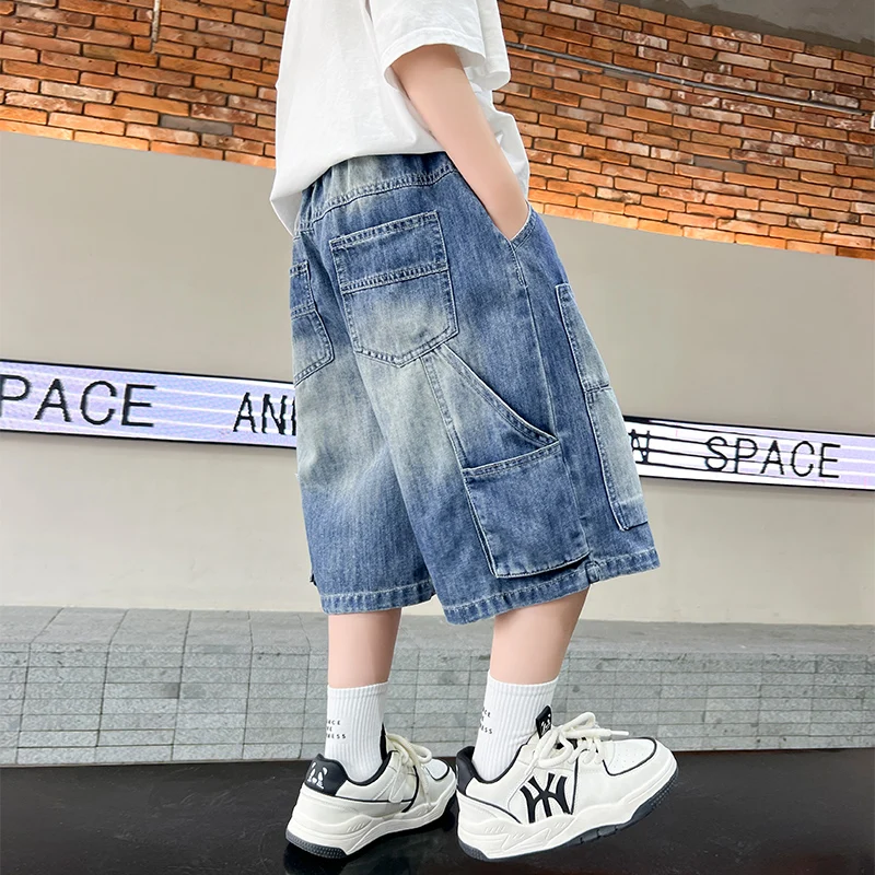 고품질 아동용 여름 Y2K 블루 데님 카고 반바지, 십대 남아 캐주얼 스트리트 바지 5 6 7 8 9 10 11 12 13 14세용