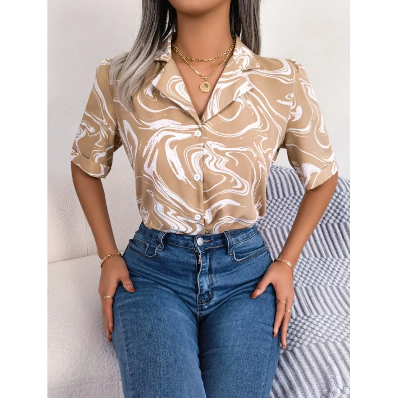 

Женская рубашка с коротким рукавом, повседневная контрастная Свободная рубашка с коротким рукавом и воротником-костюмом, элегантный облегающий Топ, лето 2023