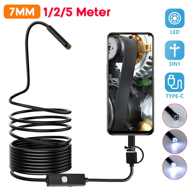 USB Waterproof 3 in 1 Endoscope Inspection Camera 0.3 Megapixels IP67  Waterproof Snake Camera with 6 Adjustable Led Light for Android Micro/Type  C/USB