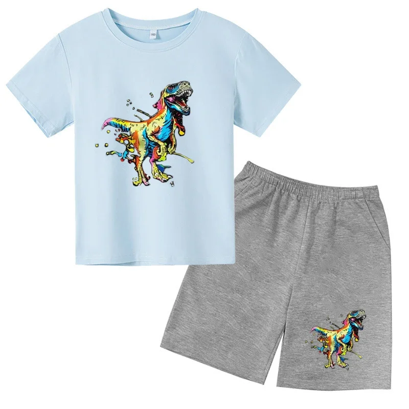 thumbnail image 1 of 2024 Nuevo traje de camiseta con estampado de grafiti para niños, diseño de dinosaurio, camiseta estampada + pantalones cortos, 2 piezas, conjunto de moda para niños y niñas, 1 of 5
