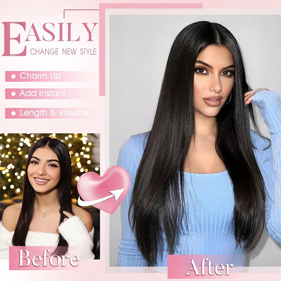 14inch Synthetic Wig Four-Piece Straight Hair Extension Wig BB Clip Style Suitable  For Women Christmas New Year Carnival Music