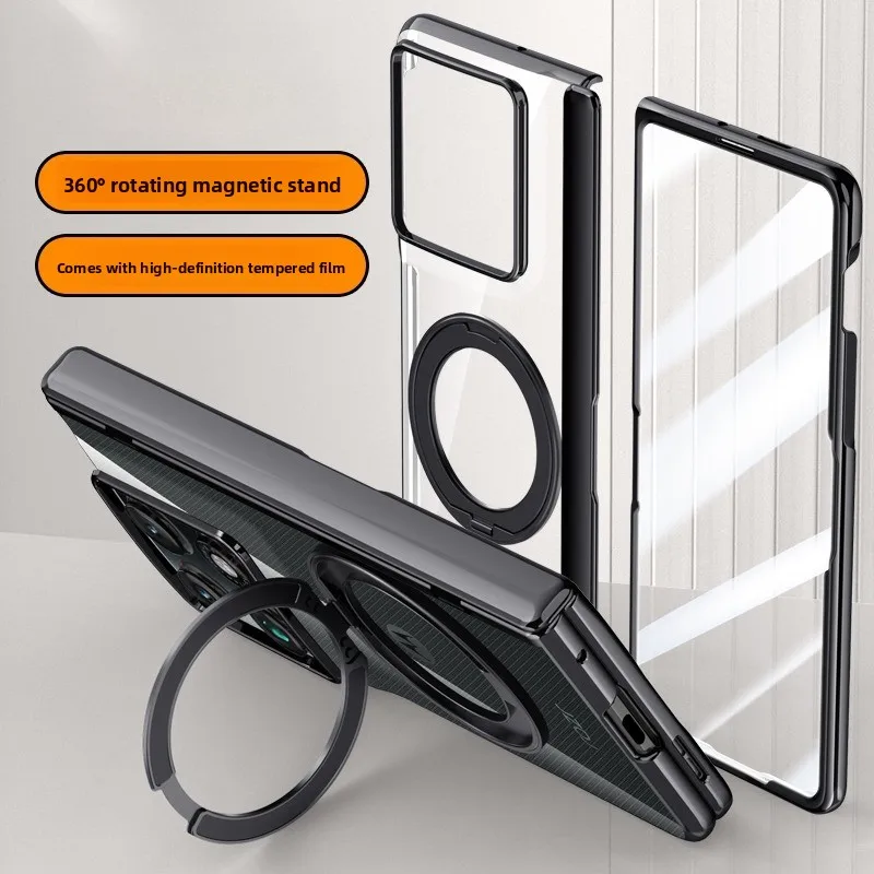 Electroplated Transparent HD Glass Cover with 360° Rotating Magnetic Stand and Shockproof Wireless Charging Compatibility