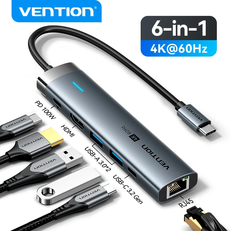 Vention USB-C-Hub Typ C auf HDMI 4K60Hz RJ45 PD 100W Adapter für MacBook, iPad Pro, Air, M2, M1, Samsung PC-Zubehör, USB 3.0 Hub_voghion.com