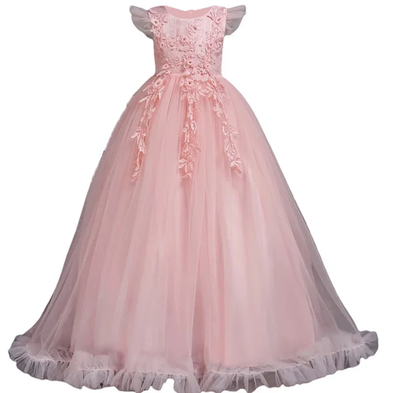 Girls Wedding Long Dress Sleeveless 4-15Yrs Lace Teenagers Kids Princess Party Pageant Christmas Formal girls dress,princess costume