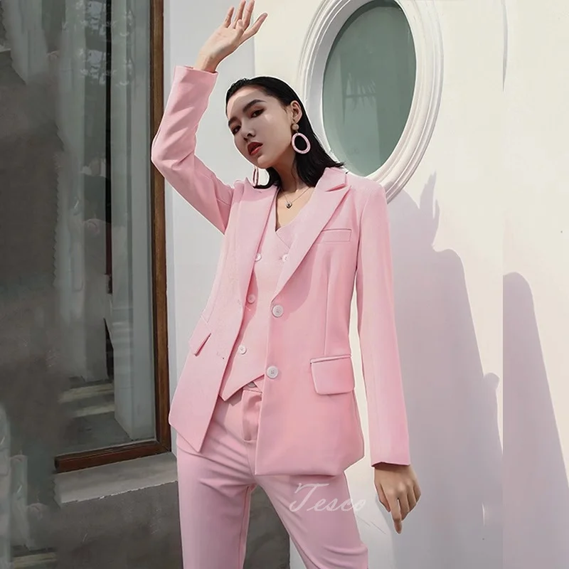 Tesco Pink Women's Suit Blazer+Vest+Pants 3 Piece Fashion Casual Trousers Sets Solid Temperament Office Outfits blazer mujer