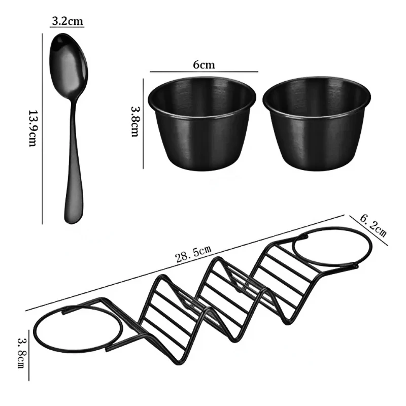 High quality Black Food display rack Pizza stands Stainless Steel Stand Mexico Taco Holder with 2 pcs Sauce Cup &1 dessert spoon