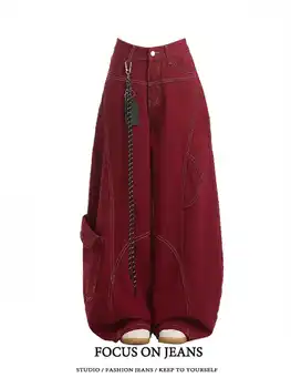 Street Vintage Jeans New Y2K Harajuku Wash Red Streetwear Baggy Jeans Denim Pants Mens Womens High Waist Wide Trousers 2025 1