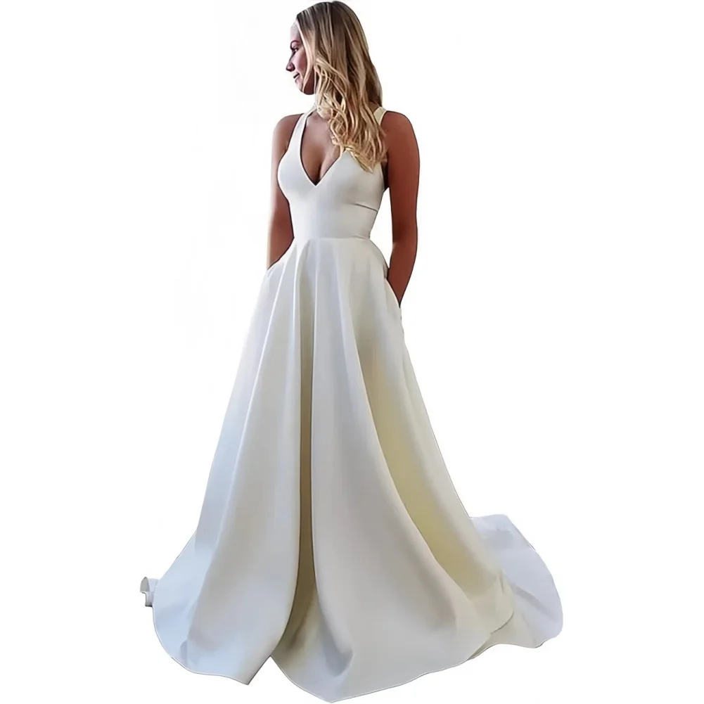 Spaghetti Strap Open Back Wedding Dresses Satin Simple Style Prom Dress V Neck Evening Gown Formal Party Dress with Bow 5