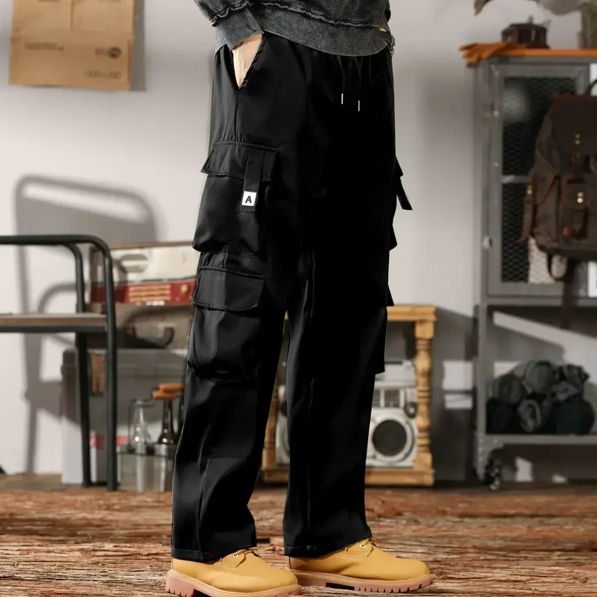 Pantalones Cargo Negros para Hombre, Pantalones para Hombre, Ropa de Trabajo, Anchos, Ajuste Regular, Diseñador, Talla Grande, Calle, con Estilo Coreano, Nailon Emo, Nuevos