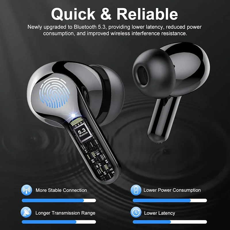 Wireless Earbuds with LED Display, HiFi Stereo Sound & 48-Hour Playtime, Noise-Cancelling & Water-Resistant